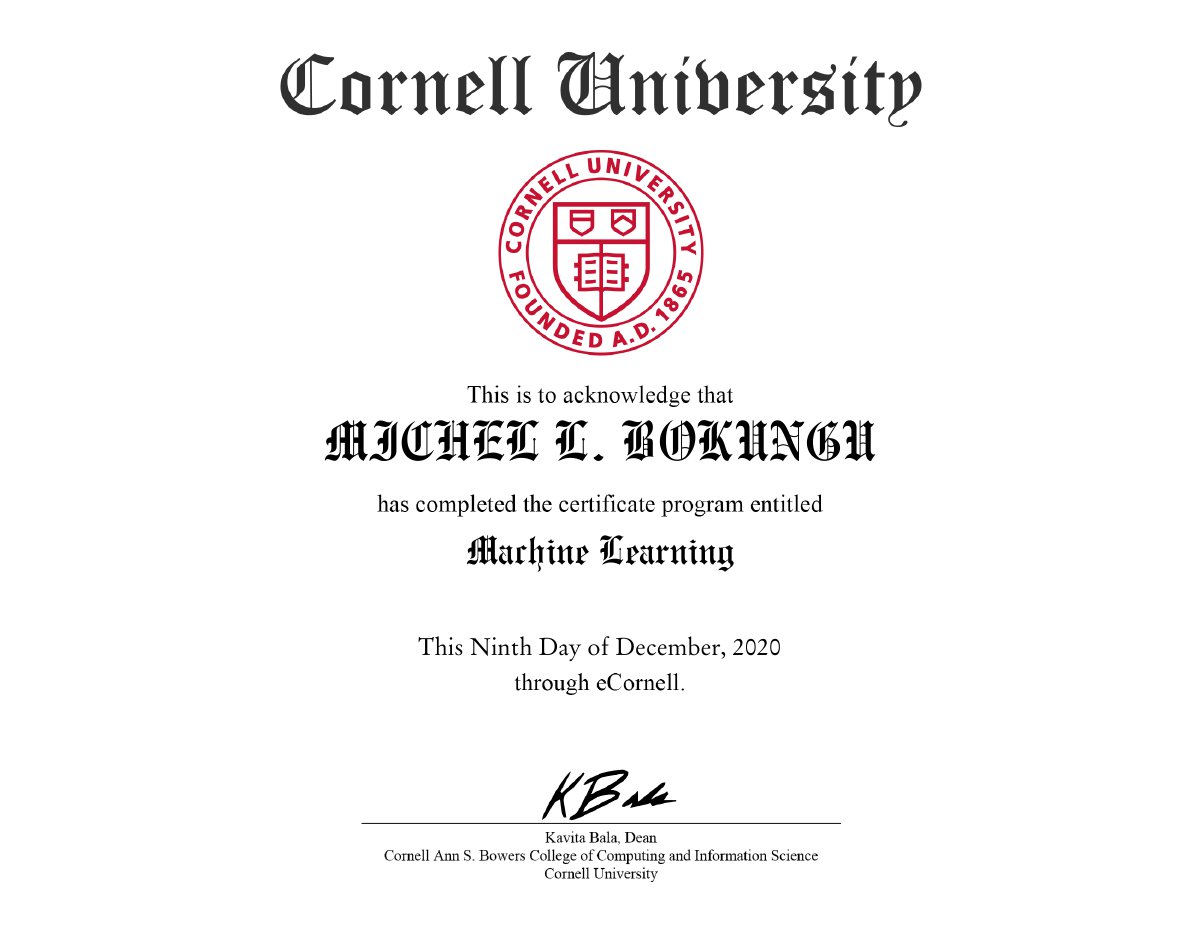 Machine Learning Certificate certificate, issued by Cornell University (eCornell)