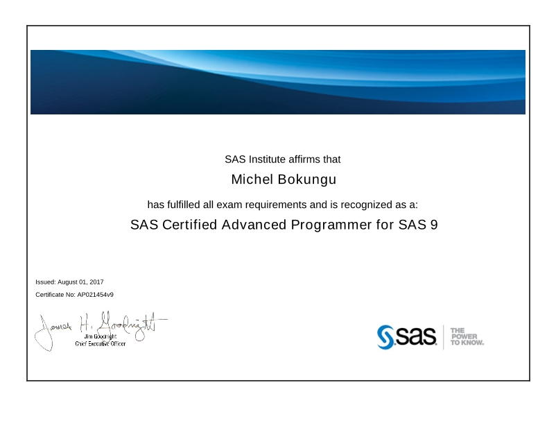 SAS Certified Advanced Programmer for SAS 9 certificate, issued by SAS Institute