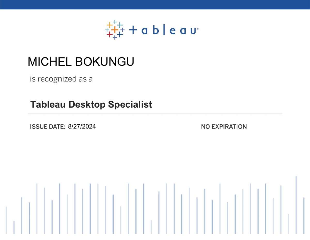 Tableau Desktop Specialist certificate, issued by Tableau